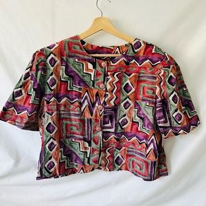 Vintage 80s Patterned Crop Linen Blend Jacket / Geometric Blouse